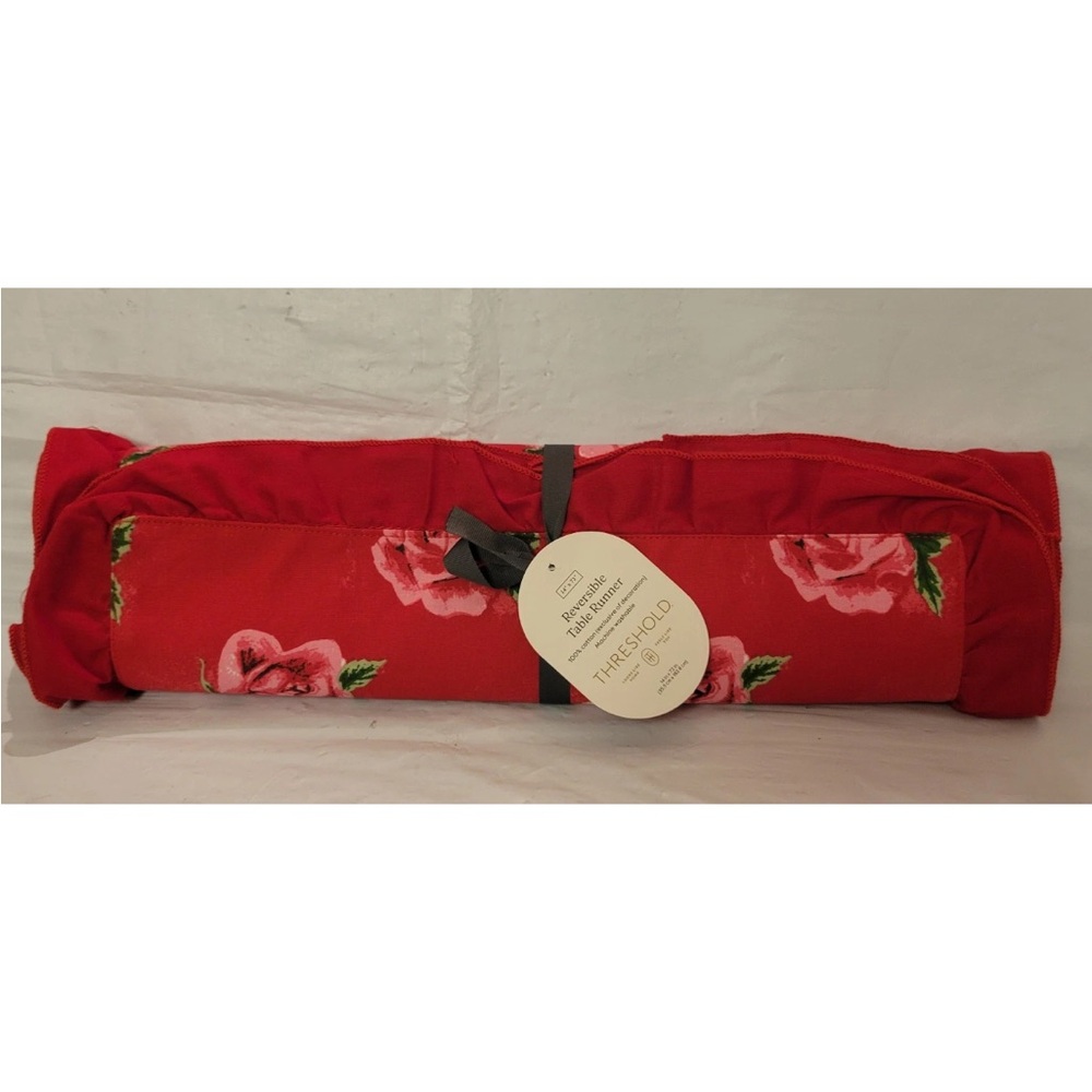 Threshold Valentines Table Runner Red Rose Stripes Ruffles 14” x 72” Reversible - Picture 2 of 9